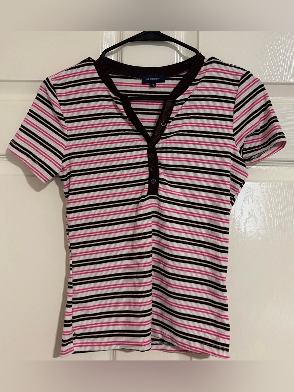 connected apparel Pink, Black & White Striped Henley Tee